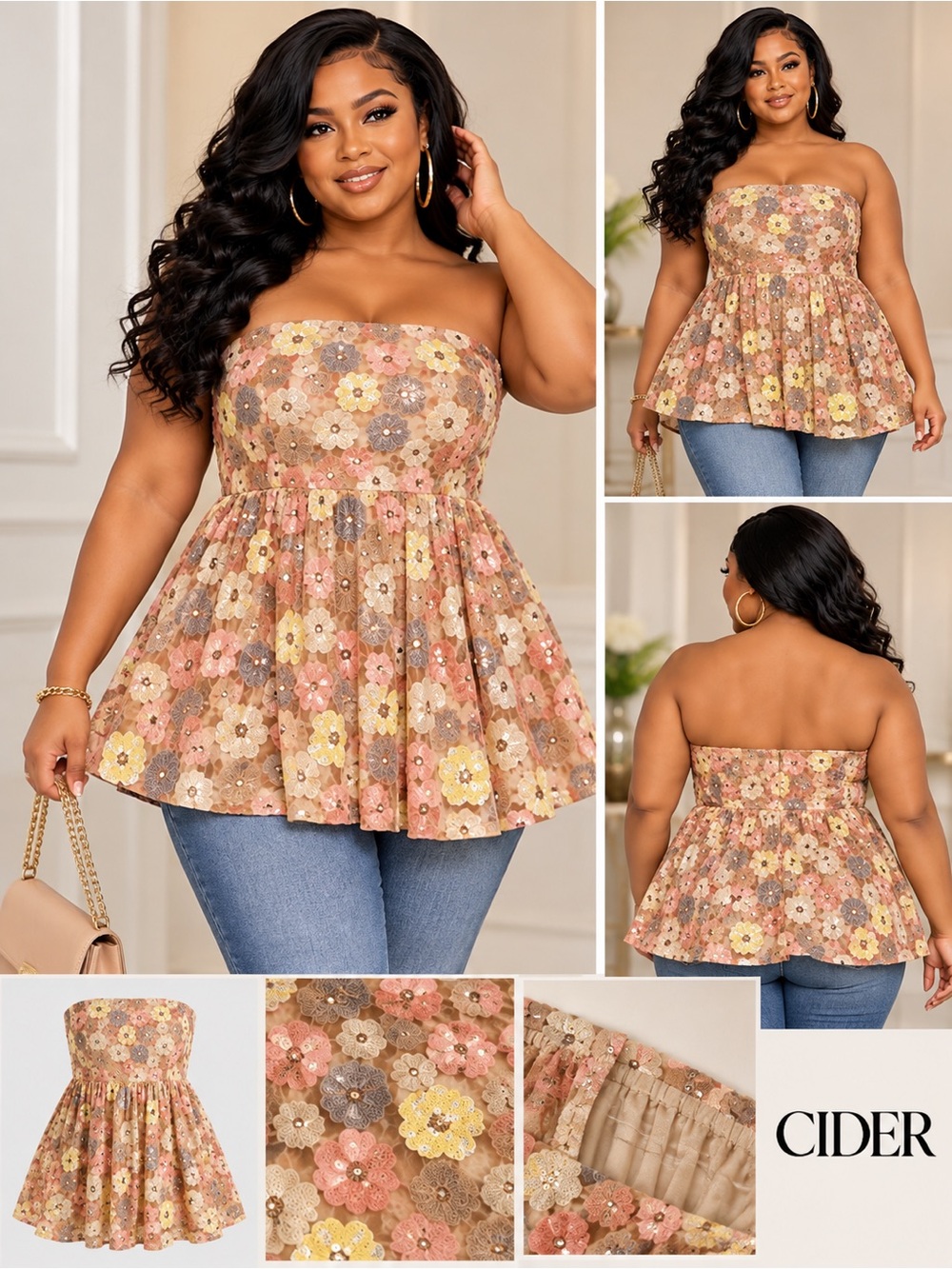 Cider Strapless Floral Peplum Camisole in Pastel Pink, Yellow & Brown
